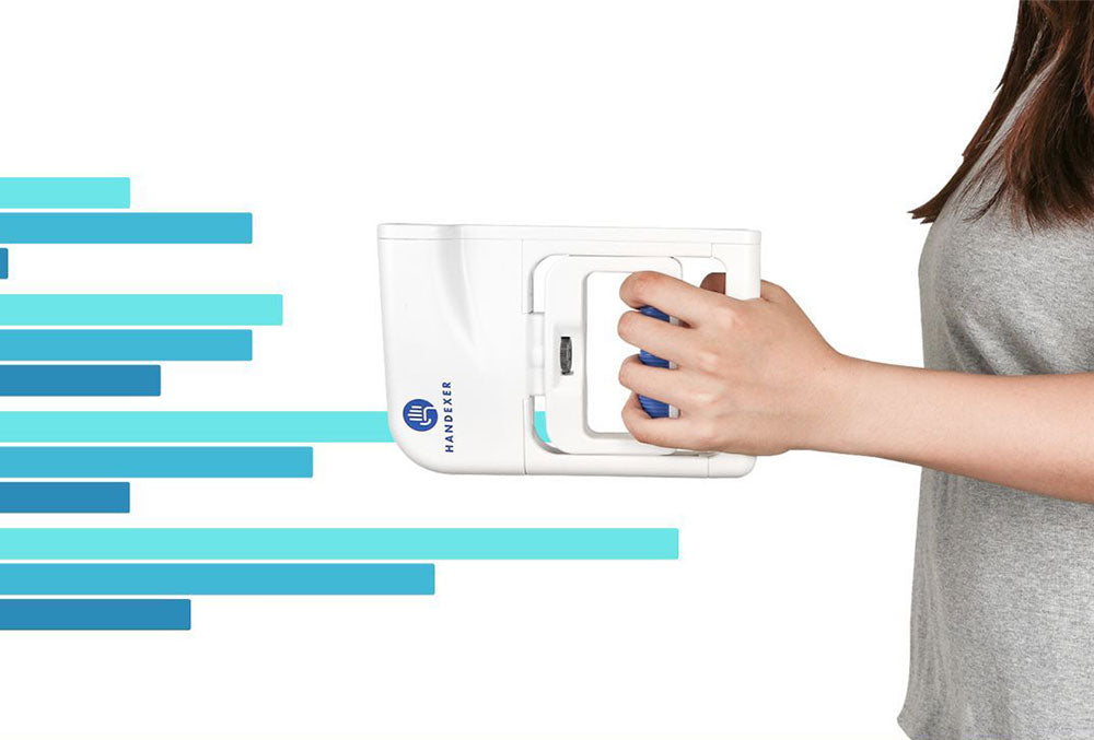 Person using grip strength tester at home to measure grip strength