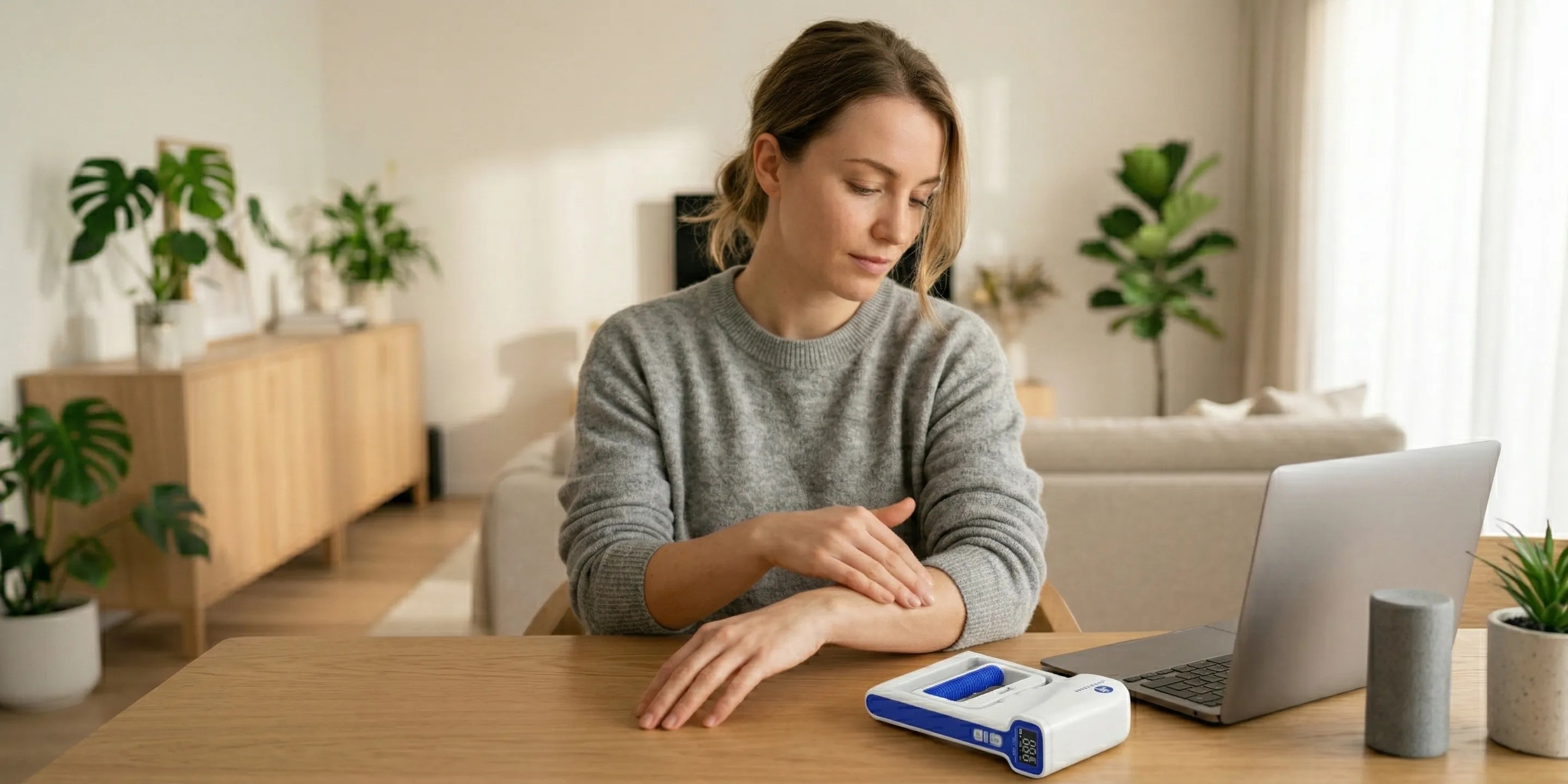 Woman sitting at home desk massaging forearm with digital hand dynamometer on table, illustrating grip strength testing and hand health monitoring
