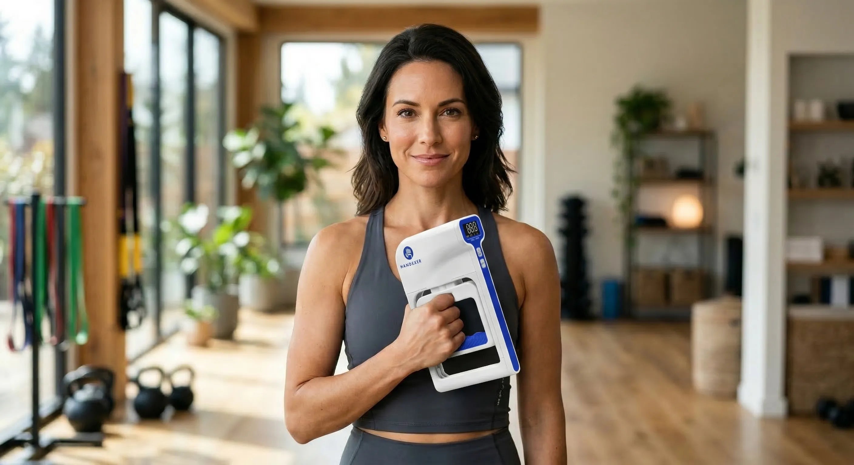Woman holding Handexer digital hand dynamometer in a home gym, showing grip strength tester for fitness and strength tracking