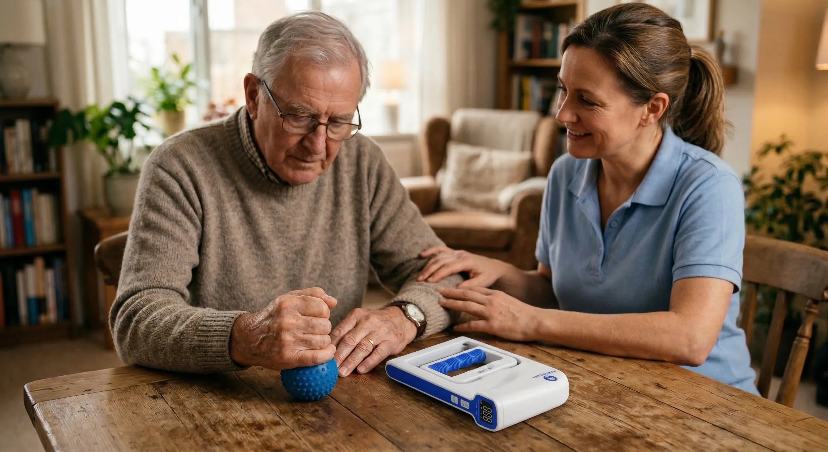 Older man doing hand strength exercise with a therapy ball beside a digital hand dynamometer, assisted by a caregiver at home