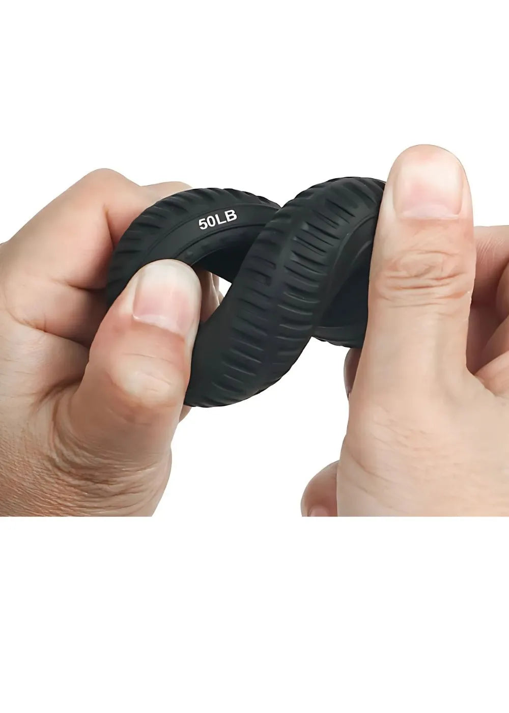 A pair of hands gripping a black Handexer grip strength hand dynamometer labeled "50LB", a tool for isometric grip exercises and hand grip strength measurement.