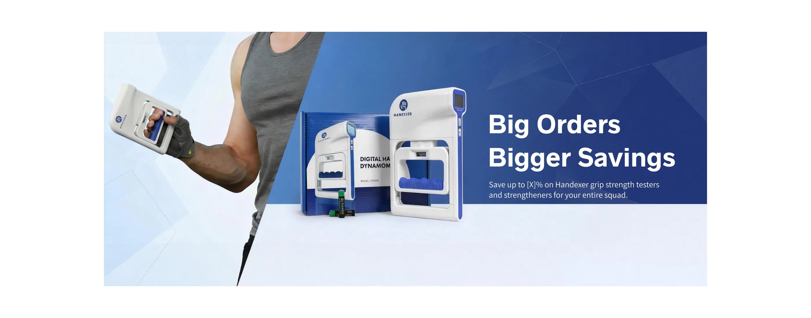A person wearing a gray tank top and a glove is holding a Handexer digital grip strength hand dynamometer. The product is displayed with its packaging box, which also has the Handexer logo. The text "Big Orders Bigger Savings" is visible, indicating a promotional offer for bulk purchases. Keywords: Handexer, digital grip strength tester, grip strength measurement tool, dynamometer