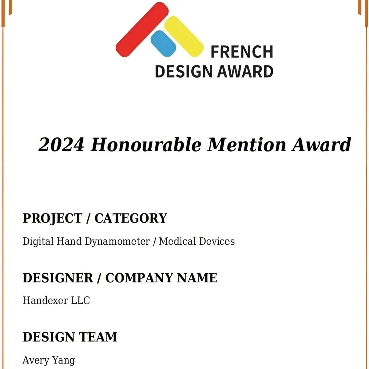 2024 Honourable Mention Award for Handexer LLC's Digital Hand Dynamometer in the Medical Devices category, recognized by the French Design Award.