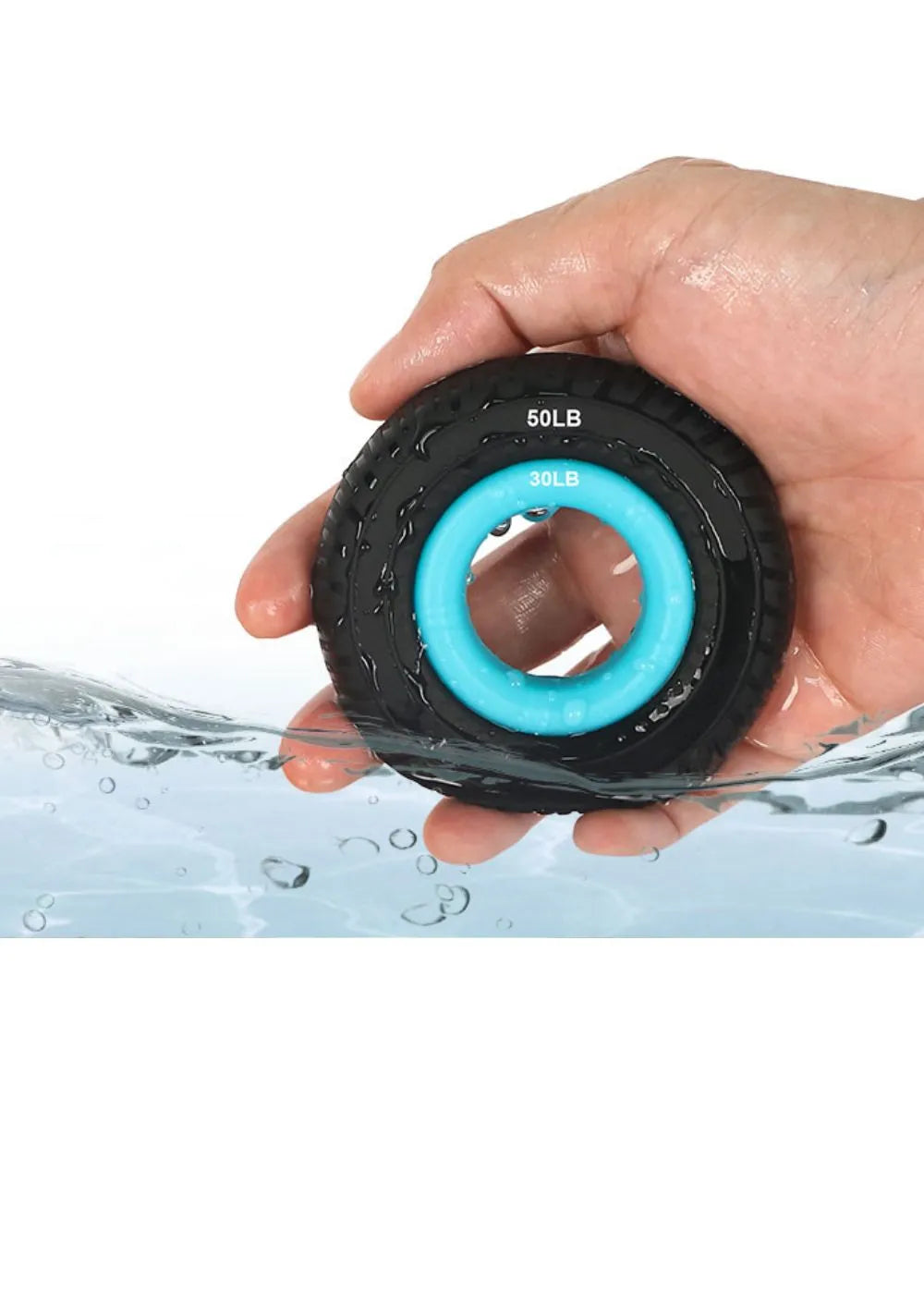 A hand holding a Handexer grip strength hand dynamometer with 50LB and 30LB markings, submerged in water. This grip strength measurement tool is ideal for isometric grip exercises and testing hand grip muscles.