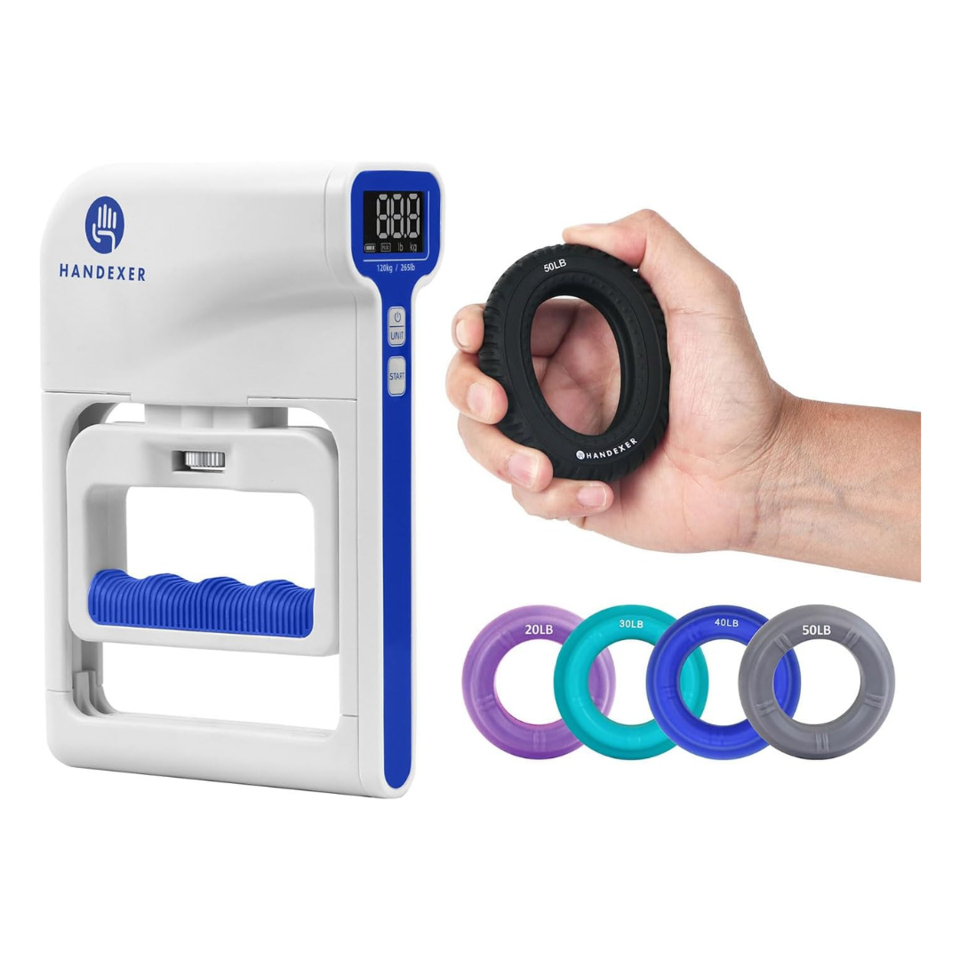 Hand Dynamometer & Grip Ring Bundle Handexer used for accurate measurement of hand grip and enhancing forearm and grip strength