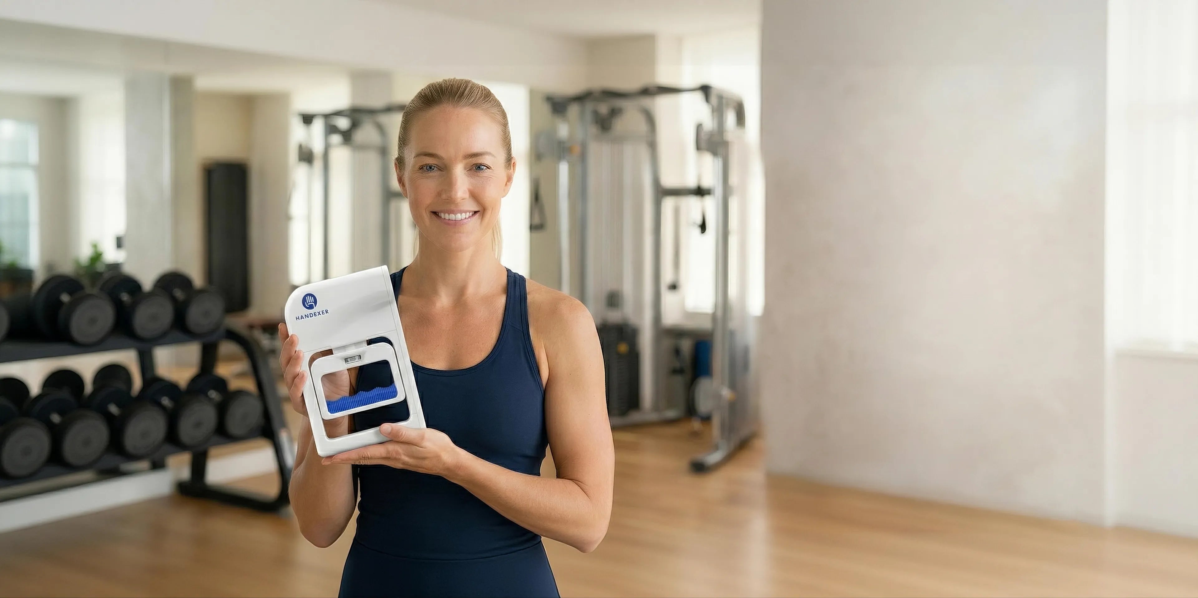Woman holding a Handexer digital hand dynamometer in a gym, presenting a professional grip strength tester for fitness and performance tracking