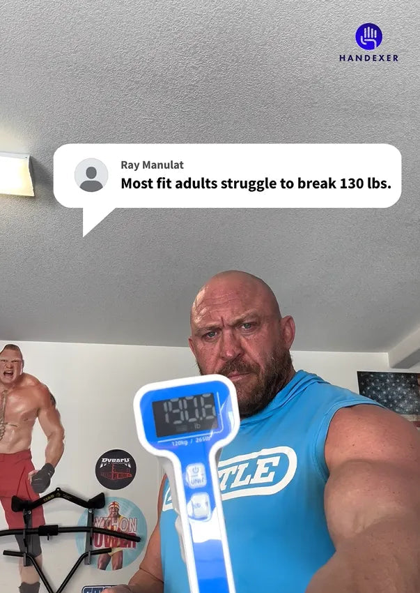 Muscular man holding a Handexer digital hand dynamometer during a 130 lbs grip strength challenge