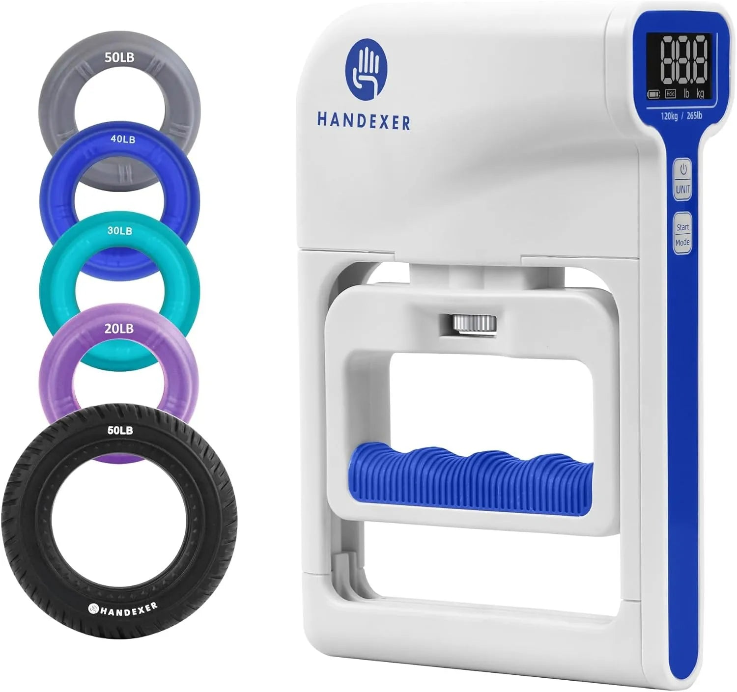 Handexer grip training set with digital hand dynamometer and complete silicone grip strengthener rings (20lb, 30lb, 40lb, 50lb) displayed on a white background, showing all included accessories.