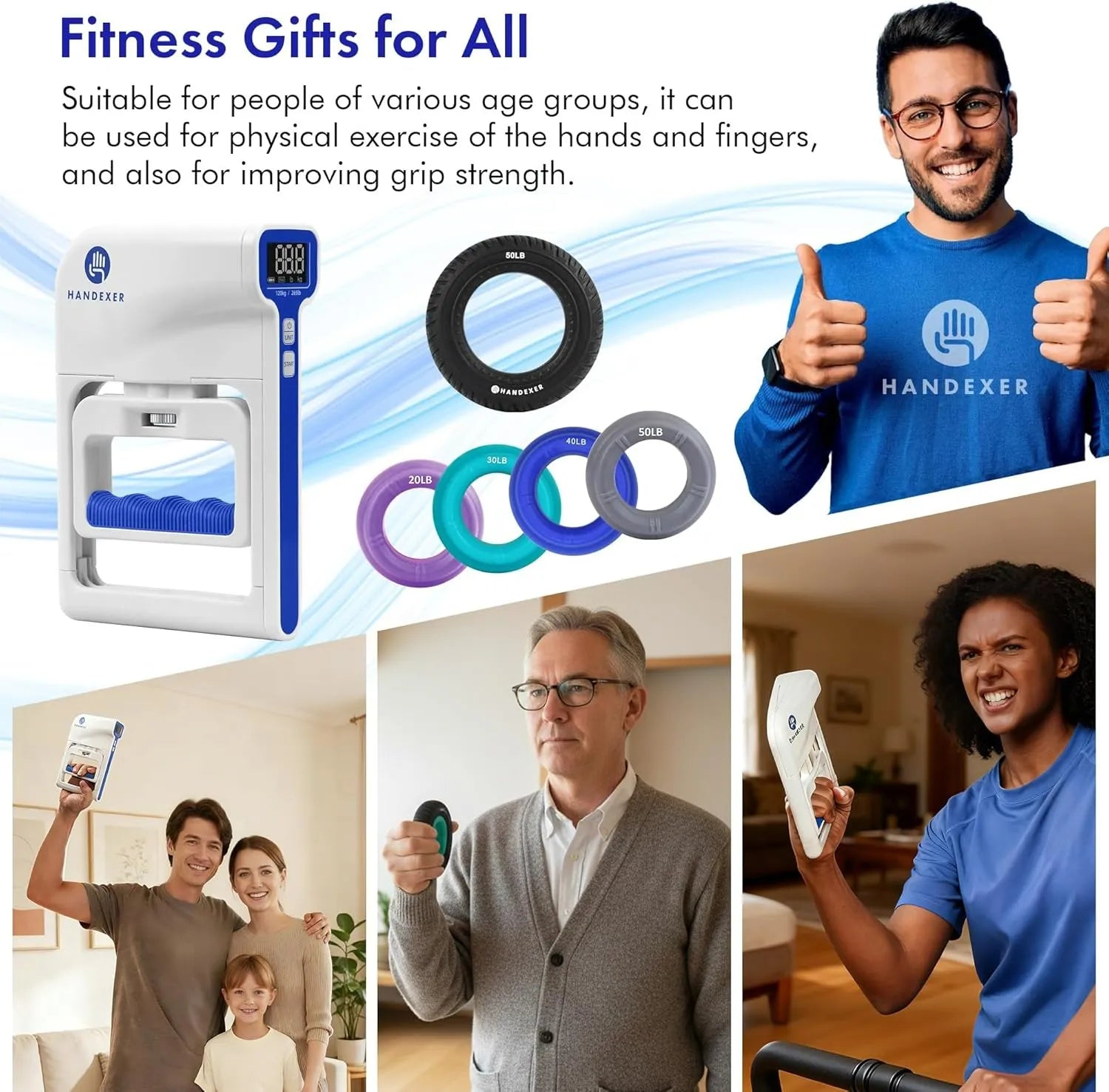 Handexer grip training set presented as a thoughtful fitness gift, suitable for all age groups, ideal for improving hand and finger strength, rehabilitation, and daily exercise.