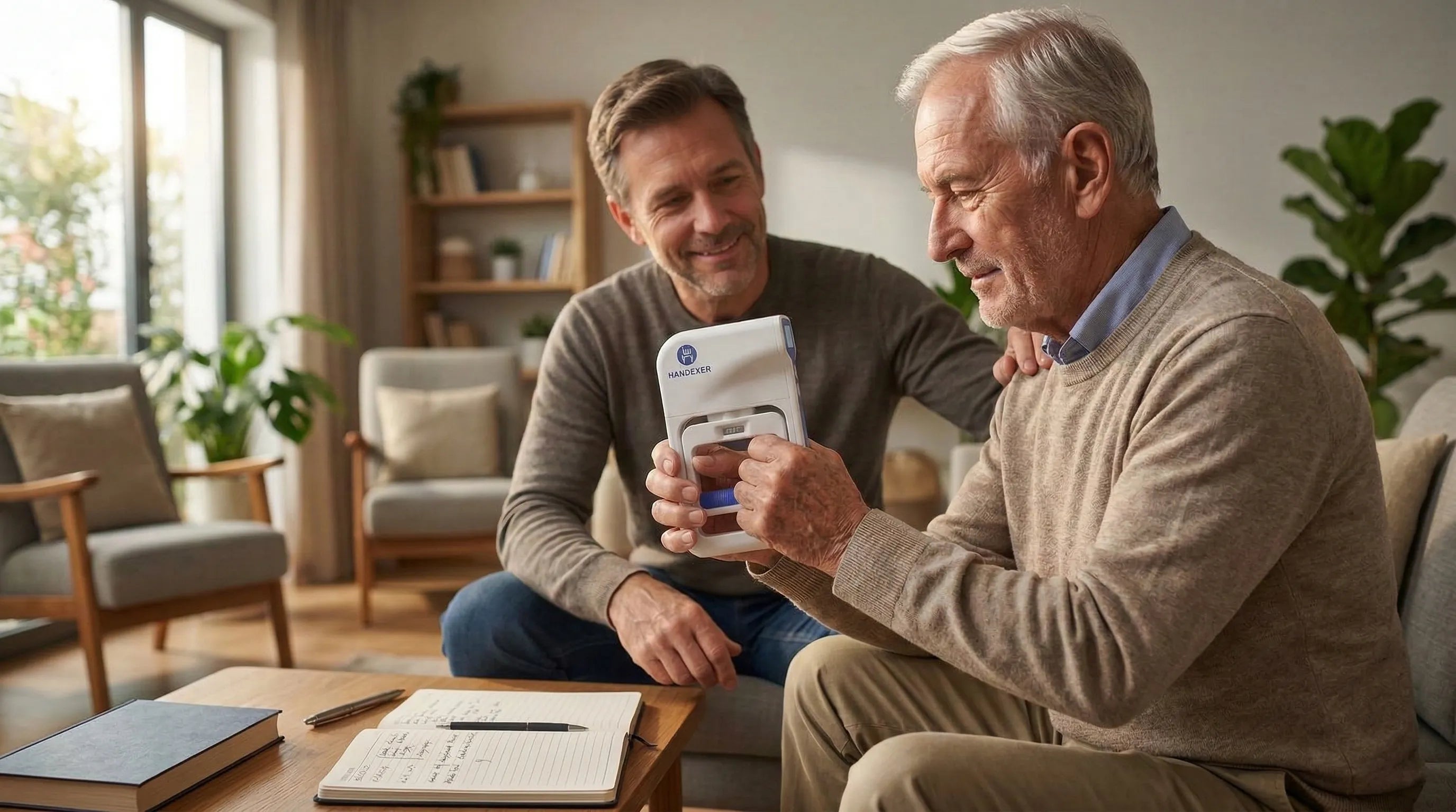 Older man using a digital hand dynamometer with another man assisting at home, showing grip strength testing in a real-life setting