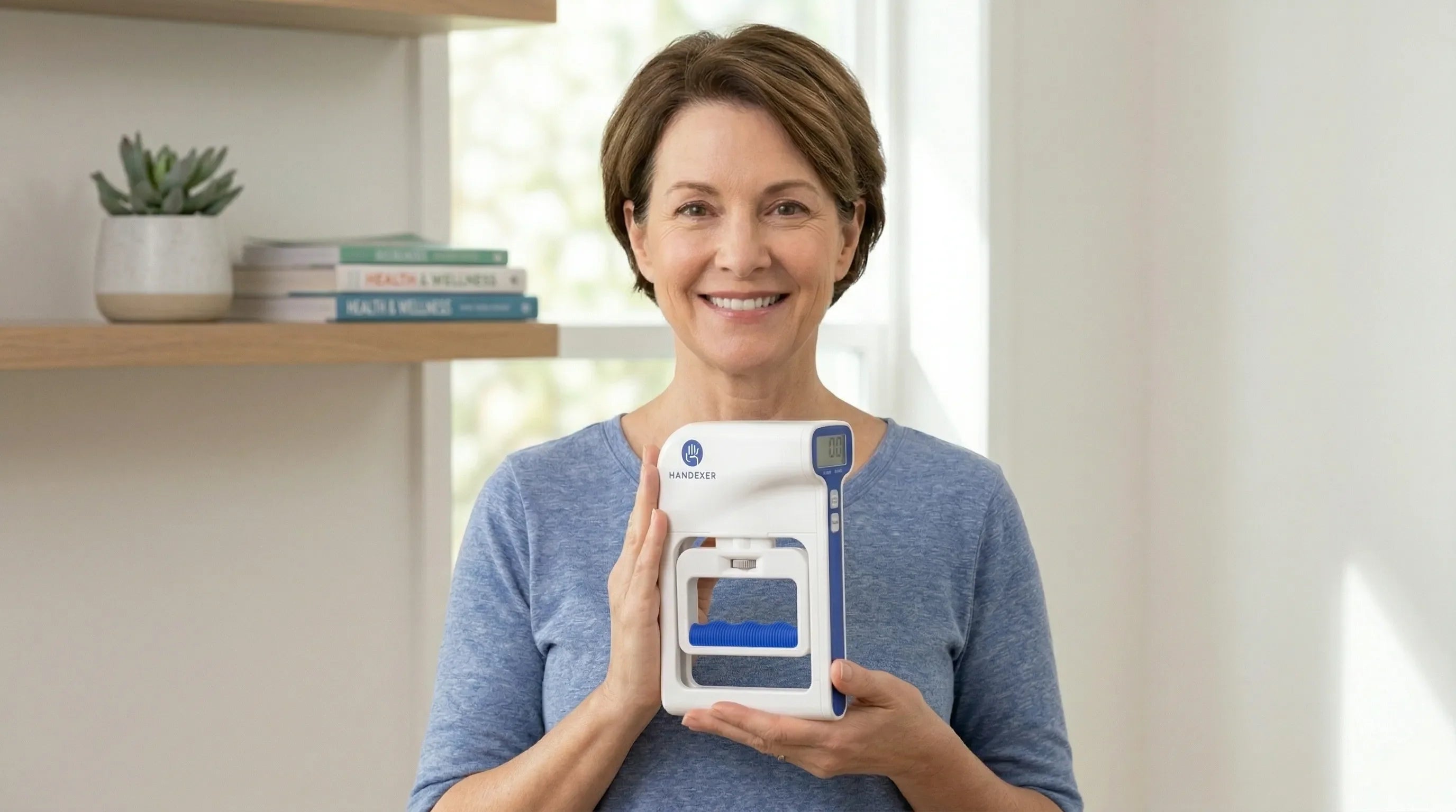 Smiling woman holding a Handexer digital hand dynamometer indoors, showing an easy grip strength tester for home wellness use