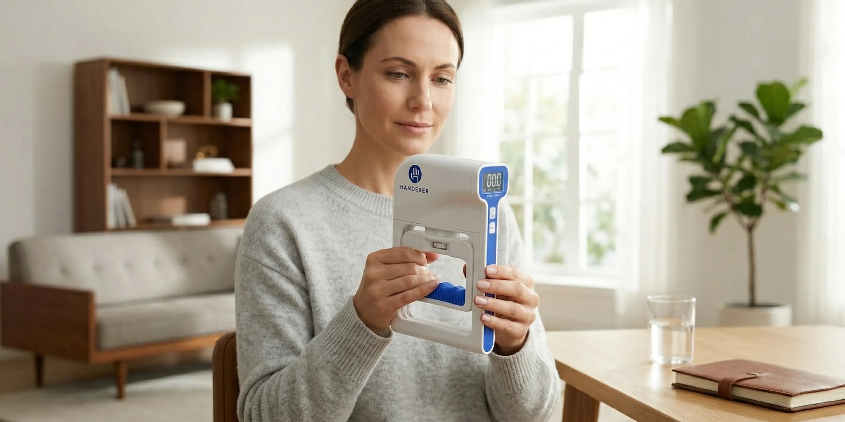Woman holding a Handexer digital hand dynamometer at home, showing easy grip strength testing for daily wellness and hand health