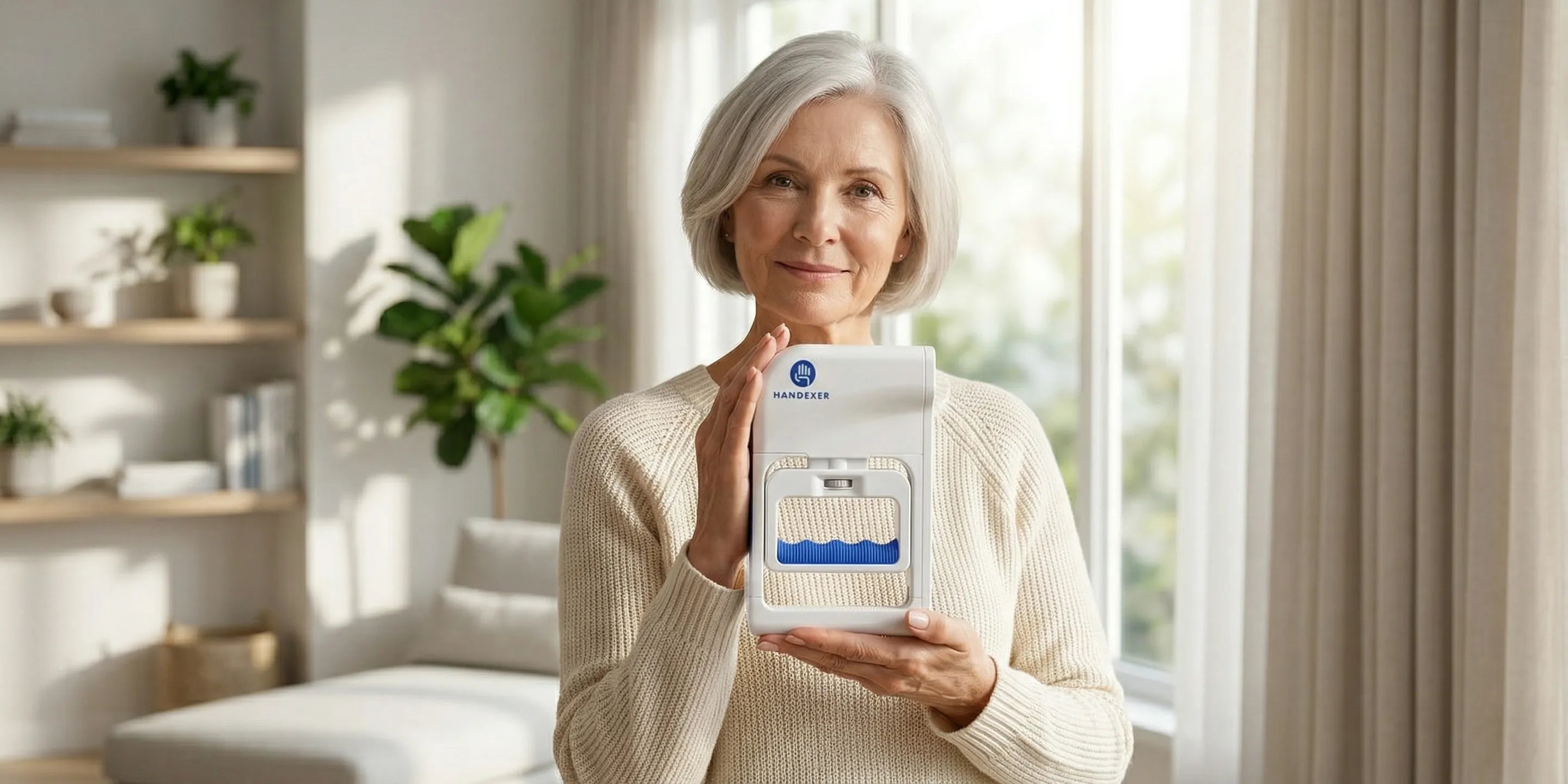 Older woman holding a Handexer digital hand dynamometer at home, showing an easy grip strength tester for daily wellness and hand health