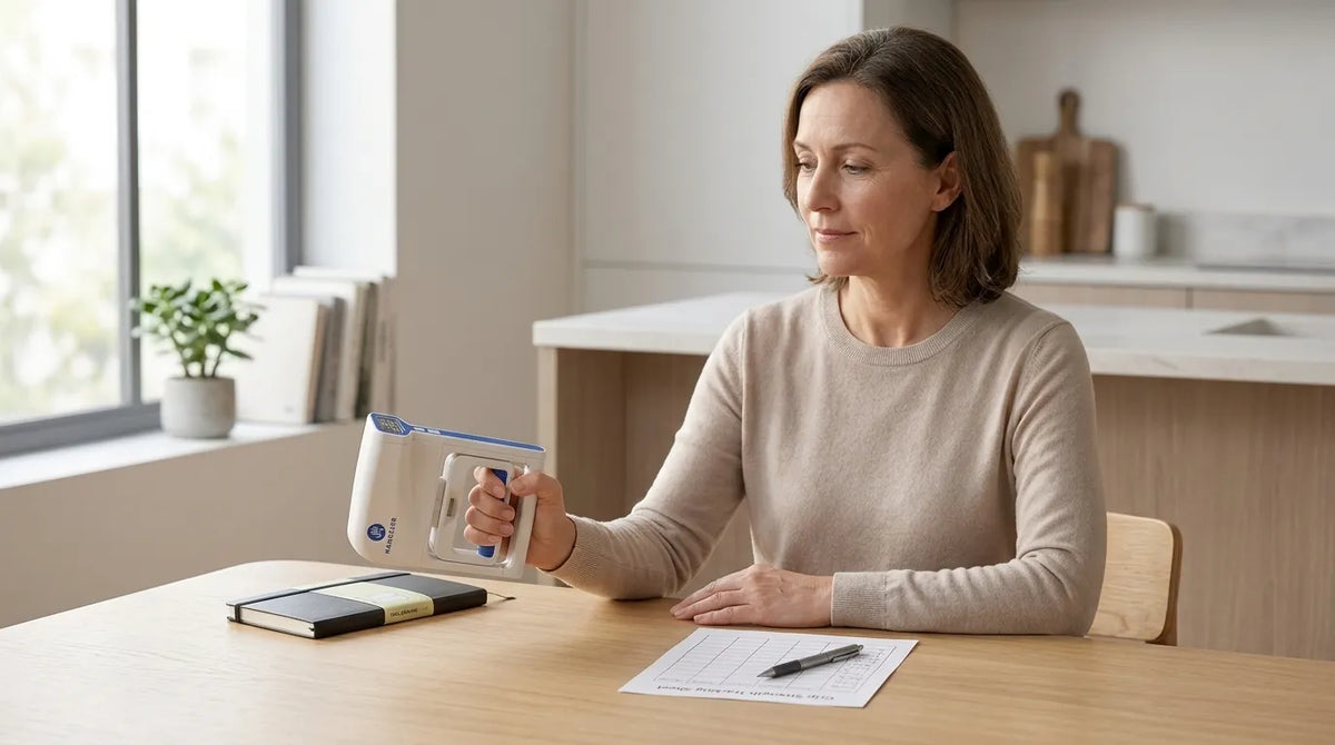 Middle-aged woman using Handexer digital hand dynamometer at bright home kitchen table, tracking hand strength data with fitness notebook and record sheet for daily health monitoring.