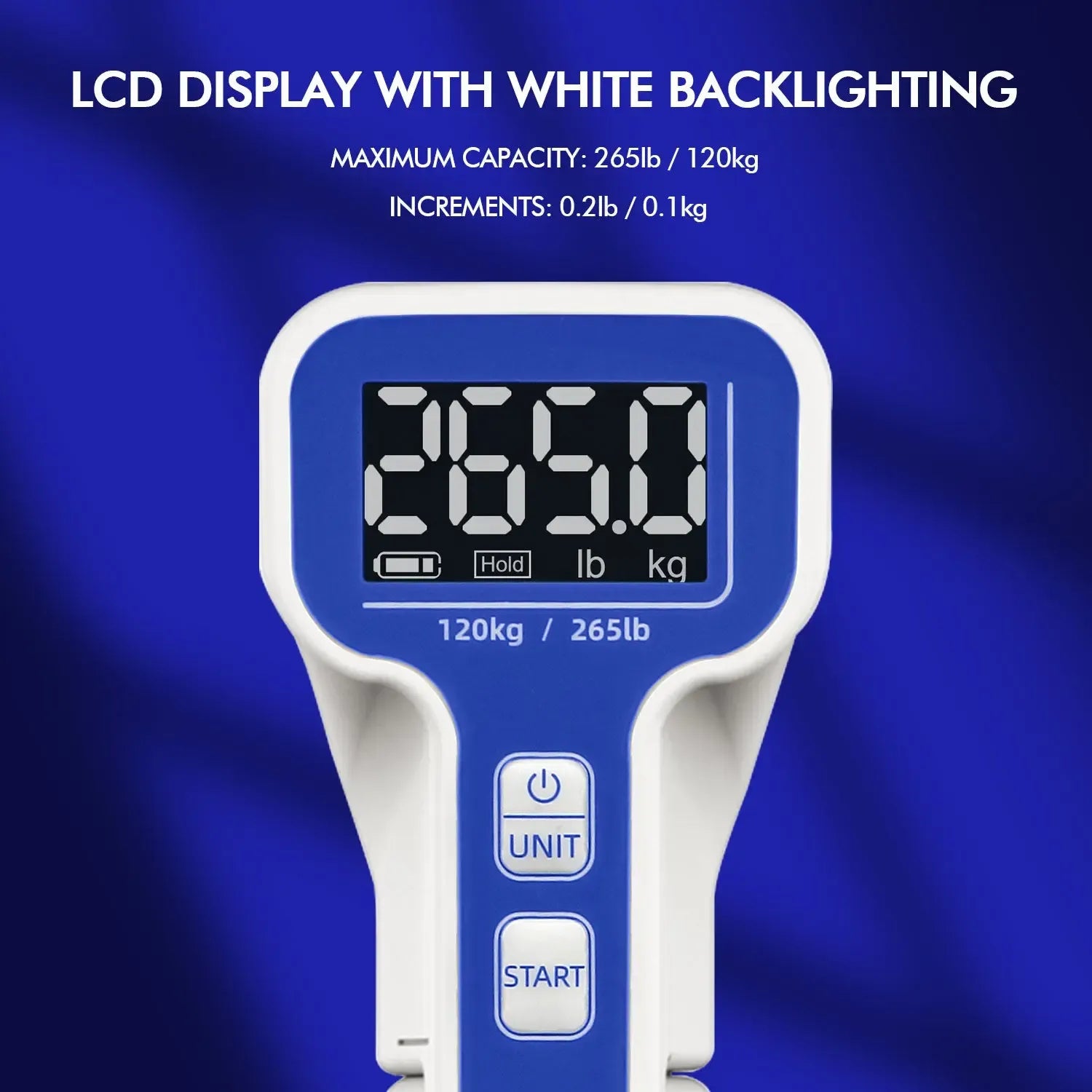 Handexer digital dynamometer LCD display with white backlight showing 265 lb / 120 kg maximum capacity and 0.2 lb / 0.1 kg increments