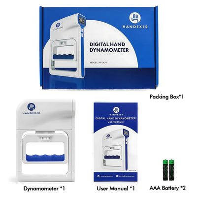 Handexer digital hand dynamometer package contents: dynamometer, user manual, and 2 AAA batteries included in retail box
