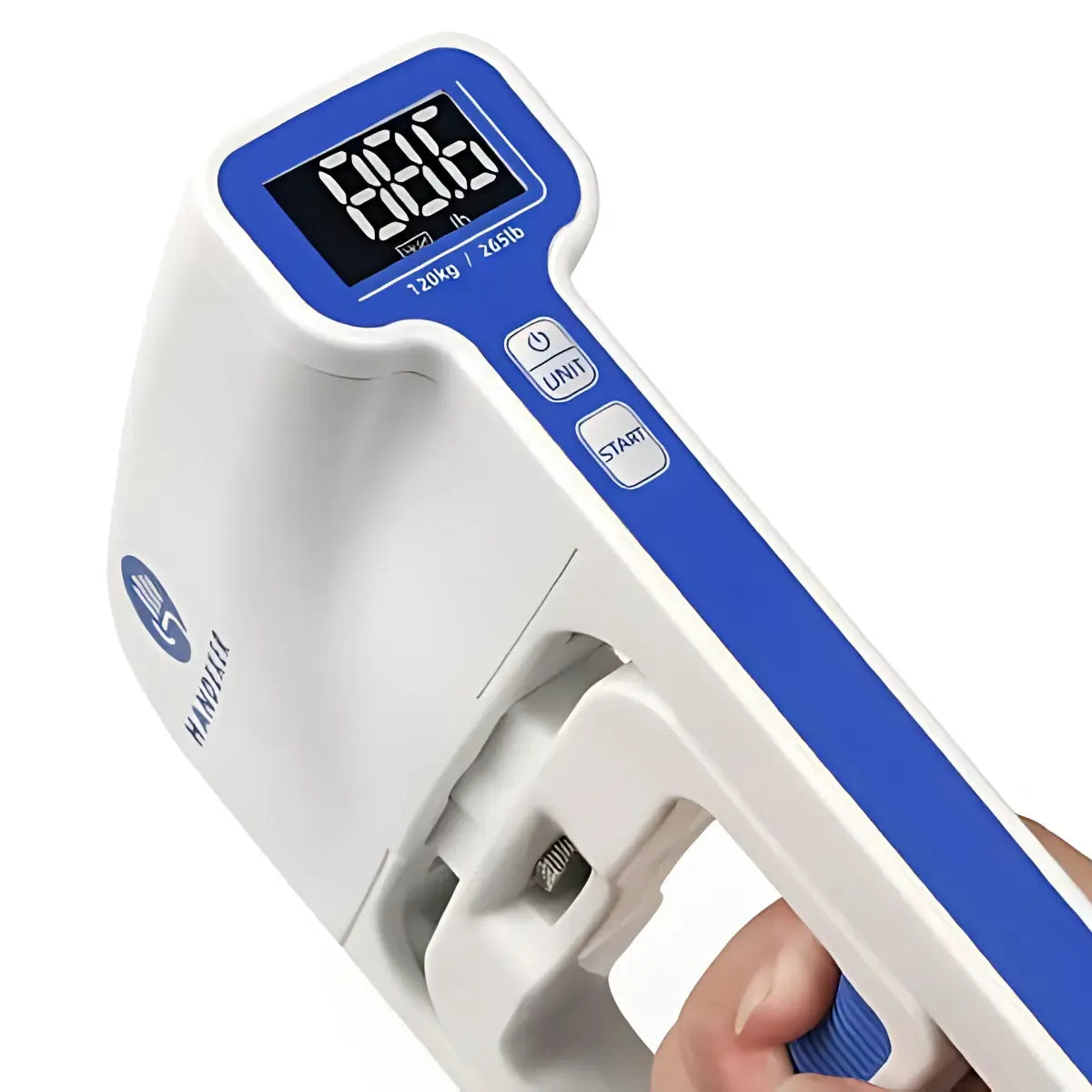 Close-up of Handexer grip dynamometer LCD screen showing real-time grip strength reading, with control buttons for unit switch and memory