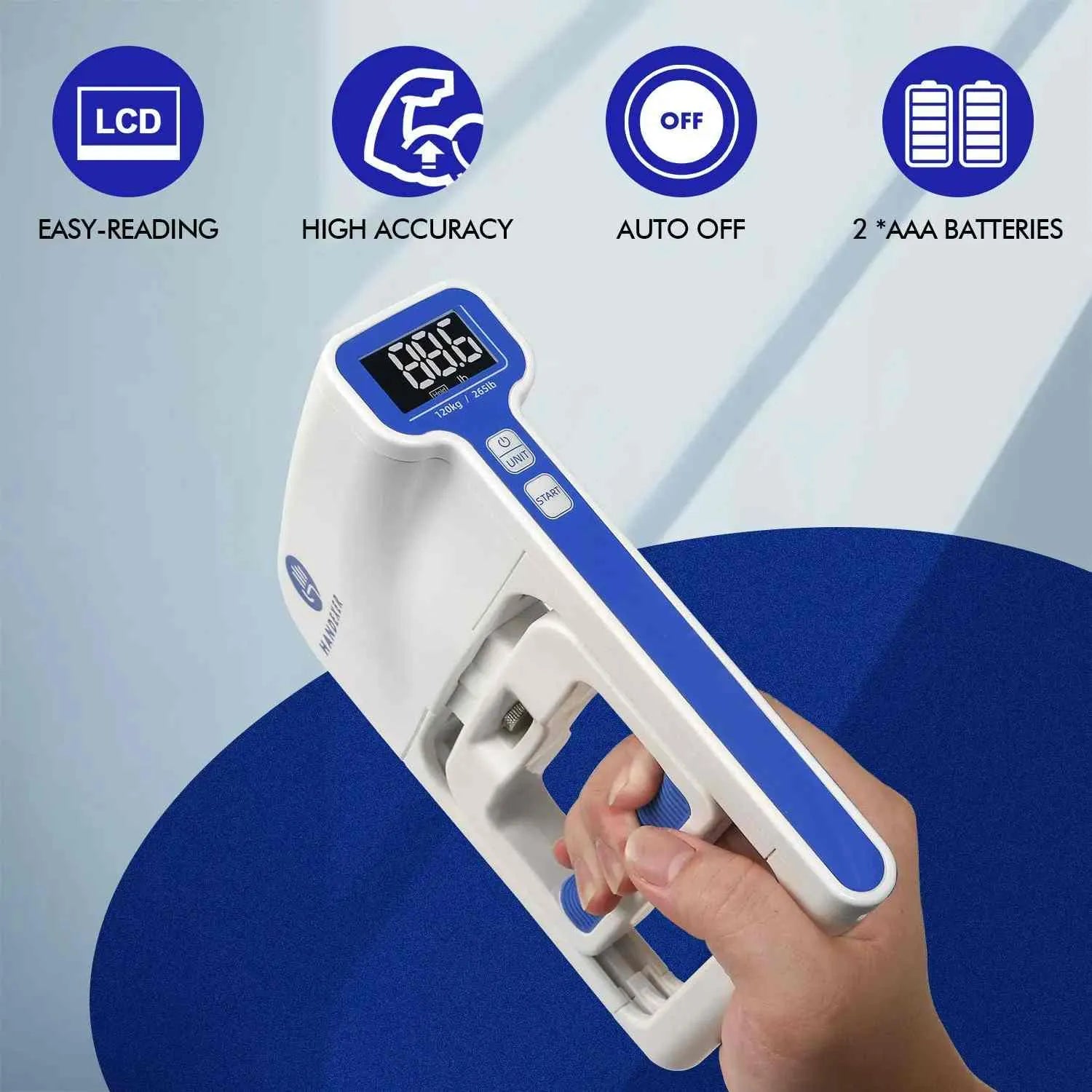 Handexer hand dynamometer key features: easy-reading LCD, high-accuracy sensor, auto power-off, and 2 AAA battery operation