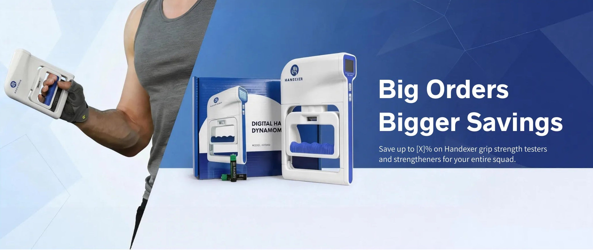 A person wearing a gray tank top and a glove is holding a Handexer digital grip strength hand dynamometer. The product is displayed with its packaging box, which also has the Handexer logo. The text "Big Orders Bigger Savings" is visible, indicating a promotional offer for bulk purchases. Keywords: Handexer, digital grip strength tester, grip strength measurement tool, dynamometer