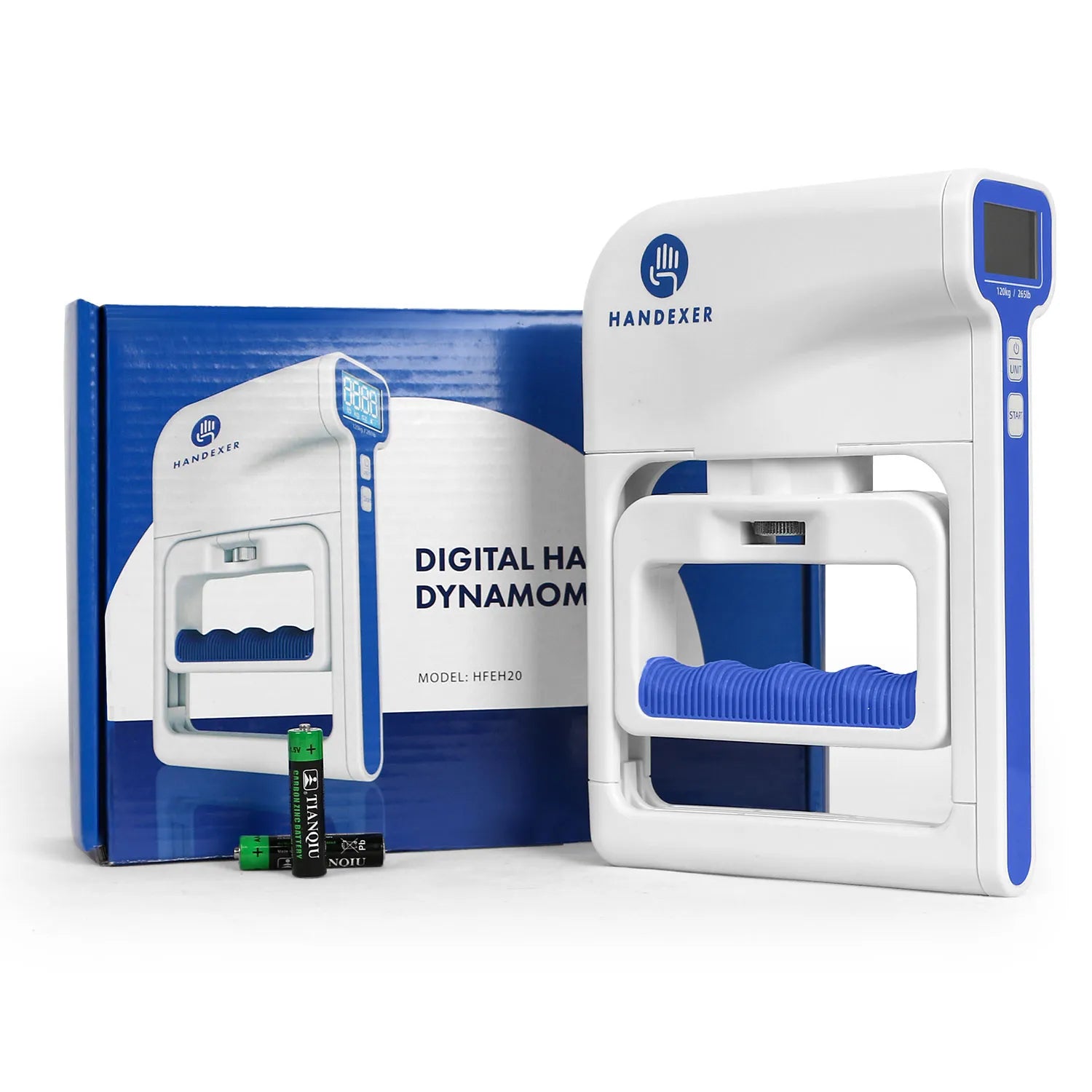 Handexer Digital Hand Dynamometer (Model: HFEH20) - A grip strength measurement tool. The device is white with blue accents, featuring a digital display and buttons. It comes with its packaging box, which also has the Handexer branding and product image. Two batteries are placed in front of the box.