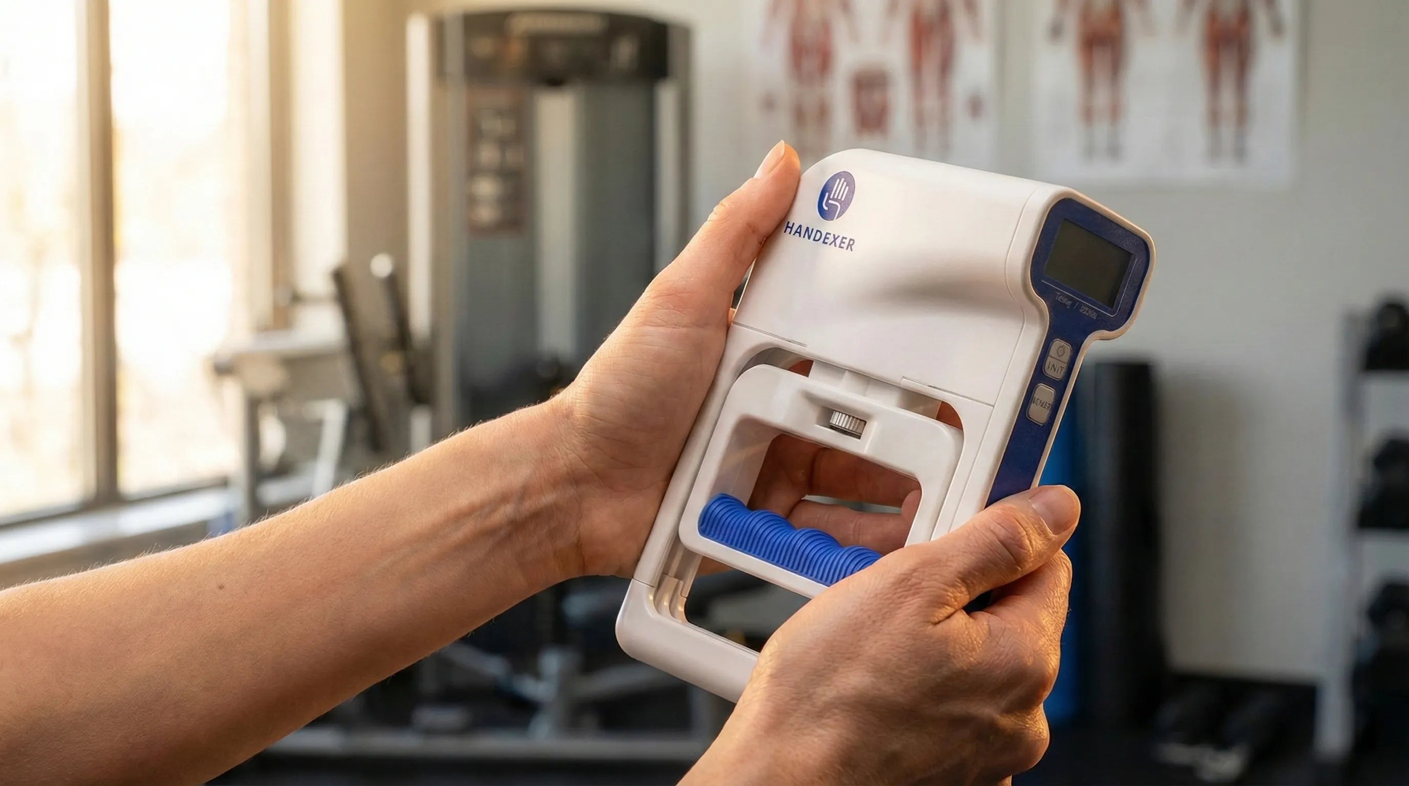 A person holding a Handexer digital hand dynamometer, which is a grip strength tester. The device is white with blue accents and has a digital display. It is suitable for measuring grip strength, as seen in a gym or fitness setting. Keywords: Handexer, digital hand dynamometer, grip strength tester.