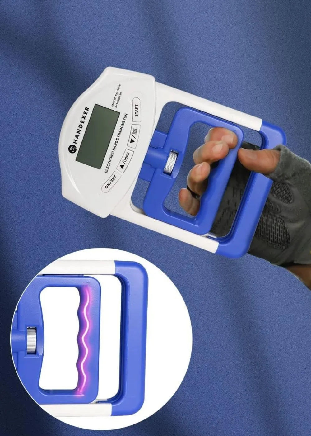 Handexer Electronic Hand Dynamometer for Grip Strength Measurement. A person wearing a glove is using the device, which has a digital display. The handle design is highlighted in a close-up, showing ergonomic features suitable for isometric grip exercises. Keywords: Handexer, grip strength hand dynamometer, electronic hand dynamometer, grip strength measurement tool.