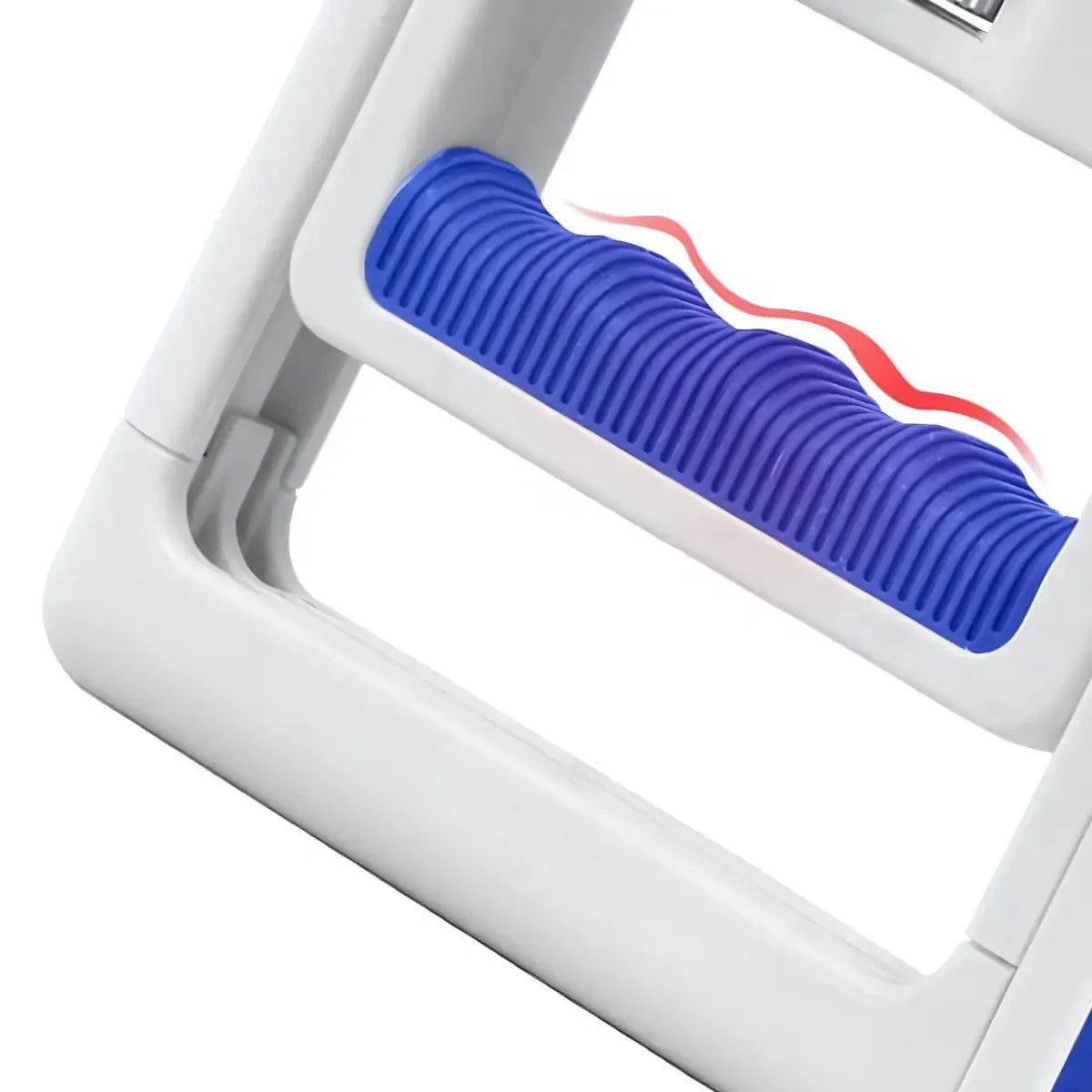 This image showcases a close-up view of the handle section of a Handexer Grip Strength Hand Dynamometer. The handle features a blue, textured grip with a red line indicating force application, designed for comfortable and effective isometric grip exercises. The dynamometer's white frame is partially visible, highlighting its sturdy build. Keywords: Handexer, Grip Strength Hand Dynamometer, blue textured grip, isometric grip exercises, force application indicator.
