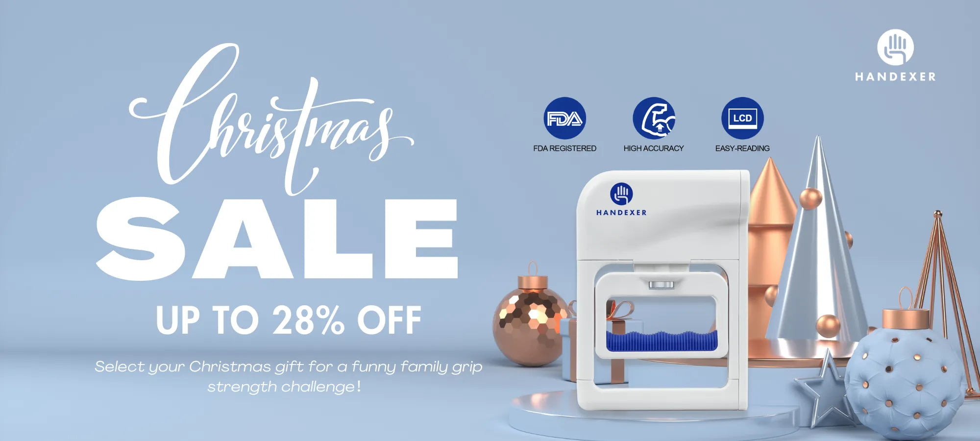 Handexer grip strength hand dynamometer during Christmas sale with "Christmas SALE UP TO 28% OFF" text, white device with Handexer logo, surrounded by festive decorations, badges "FDA REGISTERED", "HIGH ACCURACY", "EASY-READING (LCD)", tagline "Select your Christmas gift for a funny family grip strength challenge!"