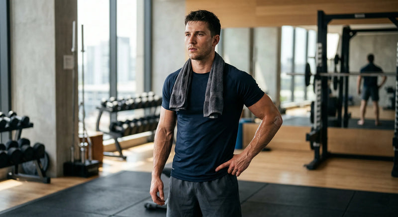 Athletic man standing in a gym after training, representing strength, fitness performance, and active workout recovery