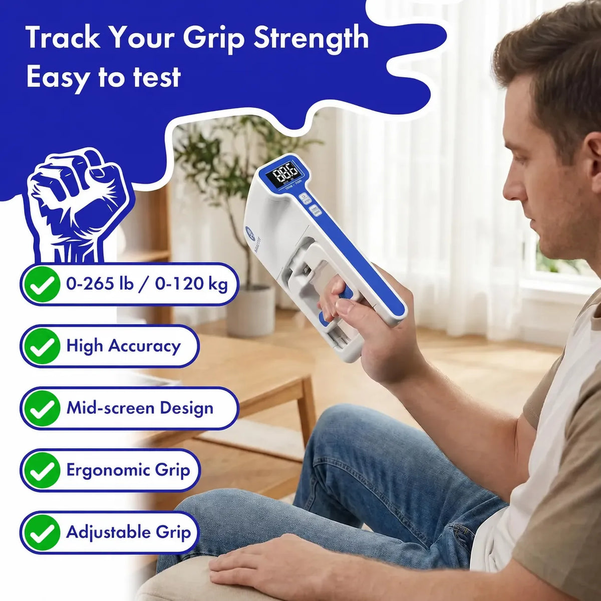 Man testing grip strength with a Handexer digital hand dynamometer featuring a 265 lb / 120 kg capacity and adjustable grip.