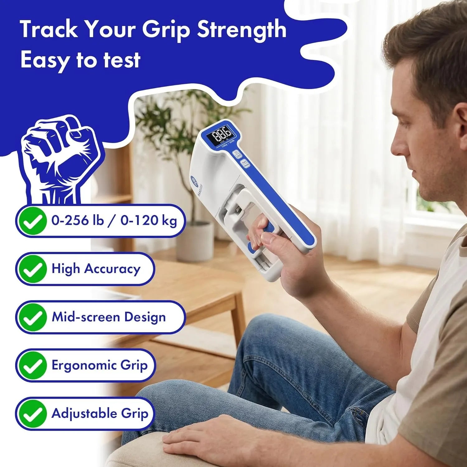 Handexer digital hand dynamometer for grip strength tracking, featuring 0-256lb/0-120kg range, high accuracy, mid-screen design, ergonomic and adjustable grip for easy home testing.