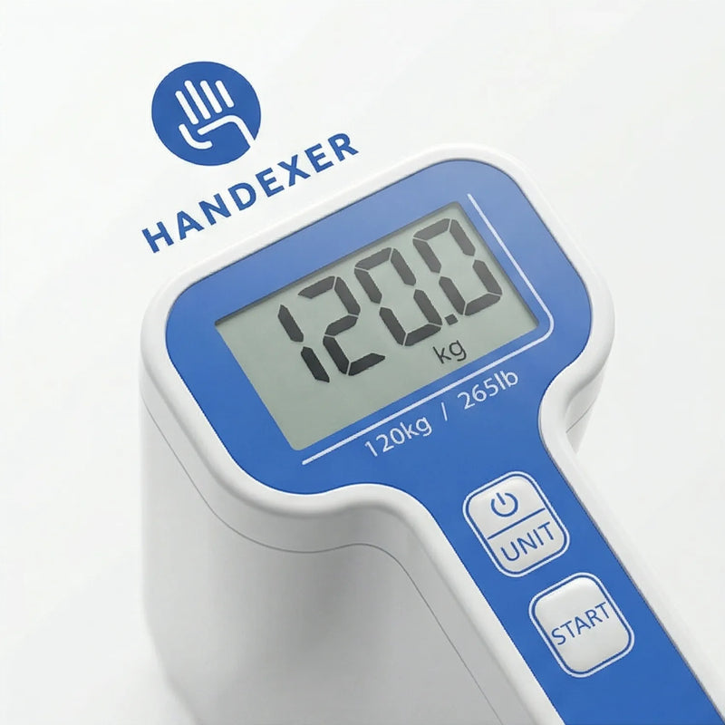 Close-up of the LCD display on a Handexer digital hand dynamometer, showing clear grip strength measurement in kg