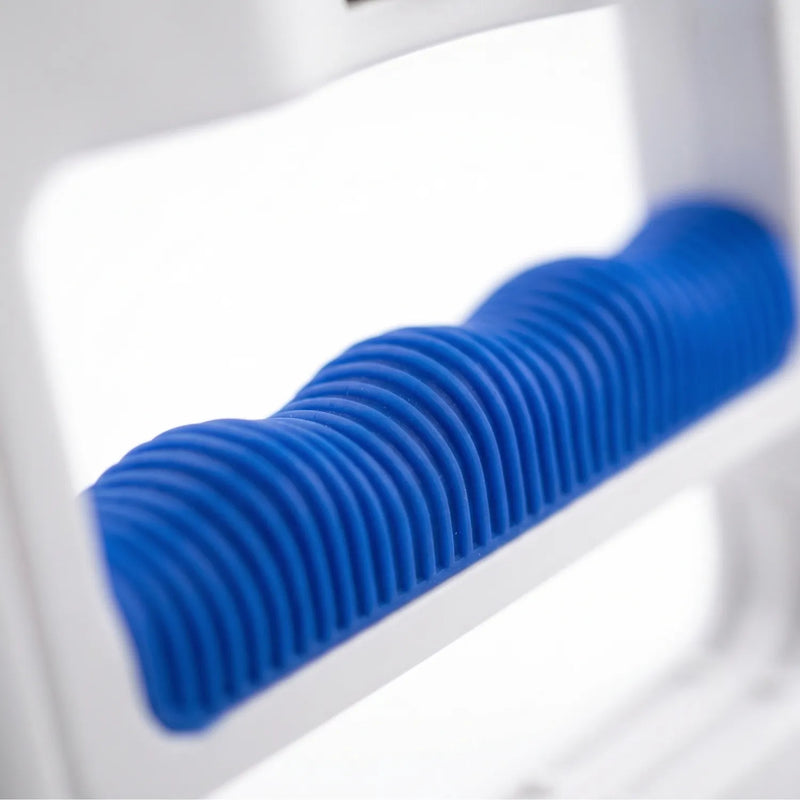 Close-up of the textured blue handle on a Handexer digital hand dynamometer, highlighting the non-slip grip design