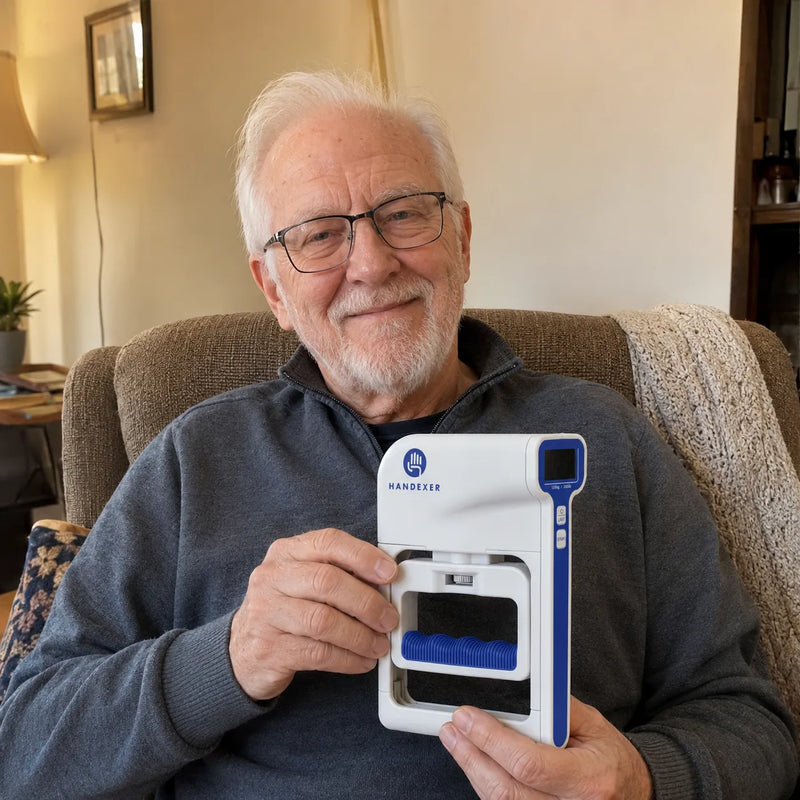 Older man with glasses holding a Handexer digital hand dynamometer while sitting in a home armchair
