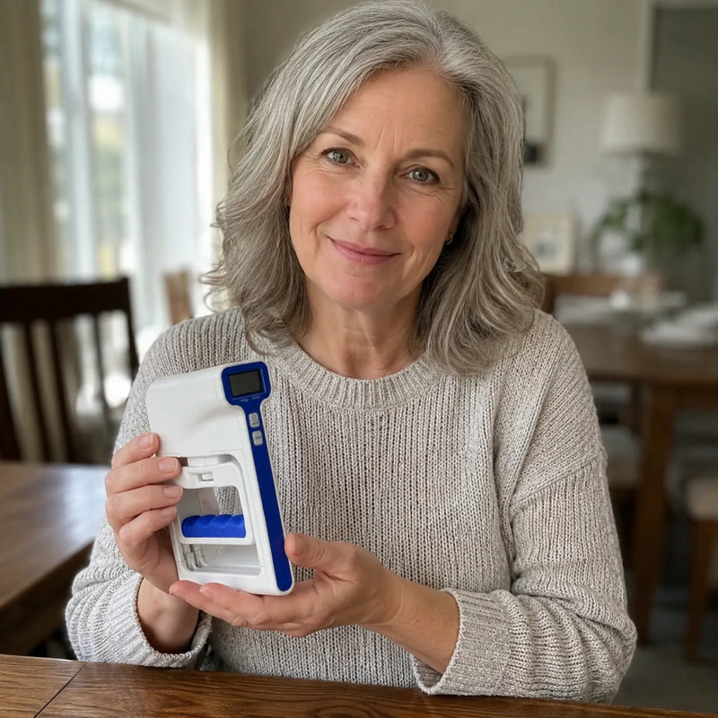Gray-haired woman holding a Handexer digital hand dynamometer at a wooden table in a bright home