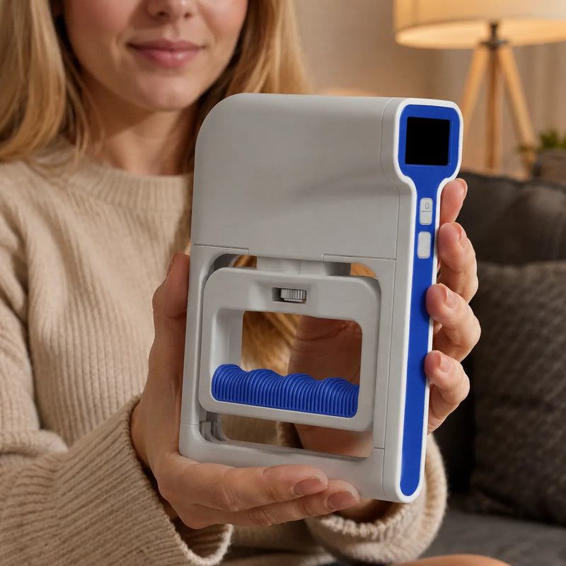 Blonde woman holding a Handexer digital hand dynamometer with blank screen in a cozy living room