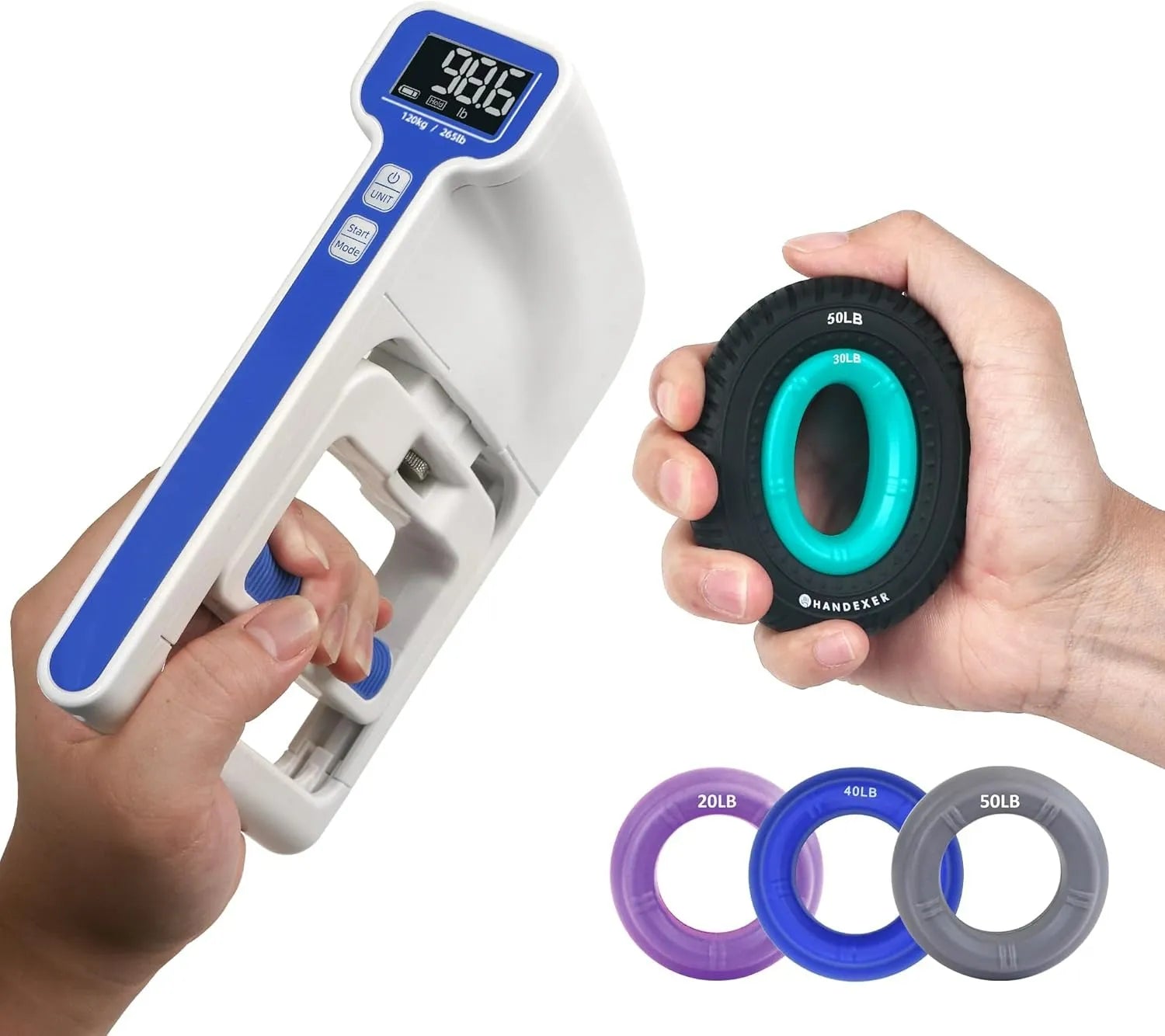 Handexer grip training set including digital hand dynamometer and adjustable silicone grip strengthener rings, with 20lb, 30lb, 40lb, 50lb resistance levels for training and testing.
