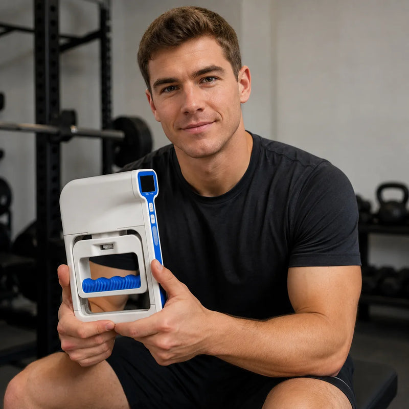 Athletic man holding a Handexer digital hand dynamometer in a gym strength training setting