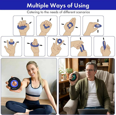 Handexer silicone grip strengthener rings infographic showing multiple usage techniques (grip, pinch, stretch) and multi-scenario use for fitness training, office breaks, and home rehabilitation.