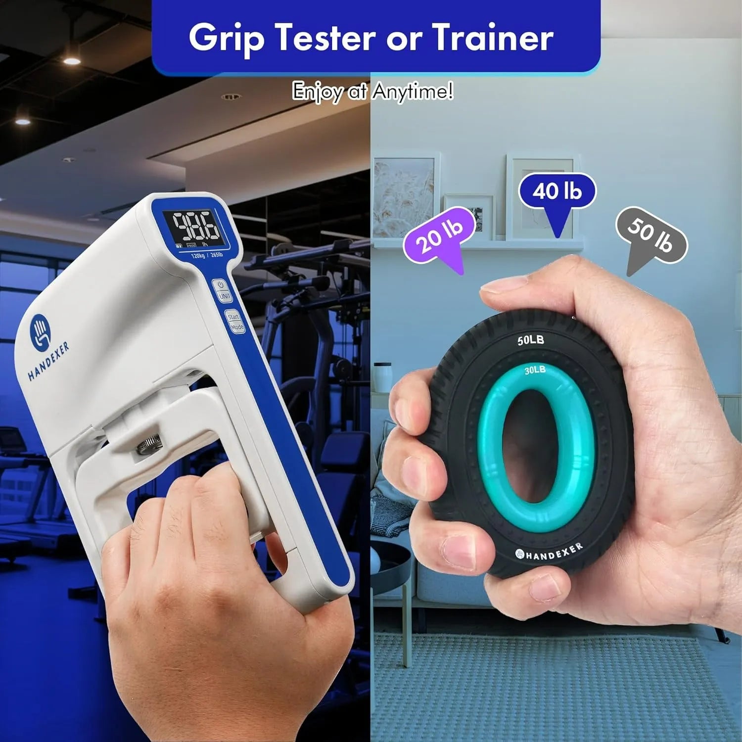 Handexer grip training set infographic demonstrating dual use as a hand dynamometer (gym) and resistance rings (home), featuring 20lb, 40lb, 50lb silicone strengtheners for anytime training.