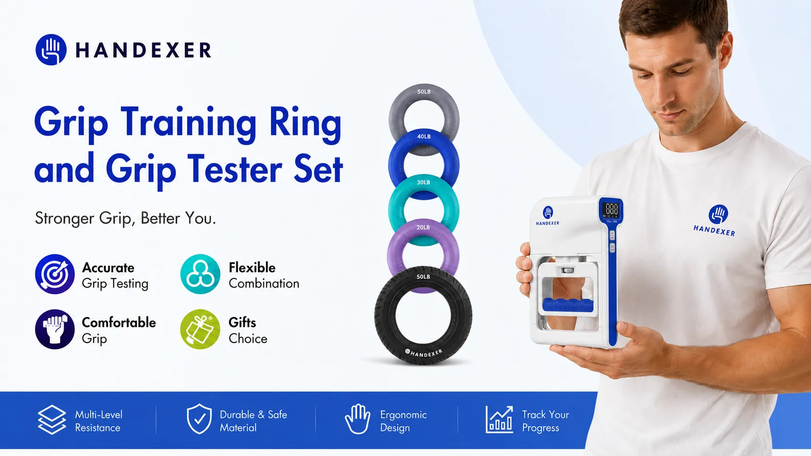 Handexer grip training ring and digital grip strength tester set with adjustable resistance rings for hand exercise and strength tracking