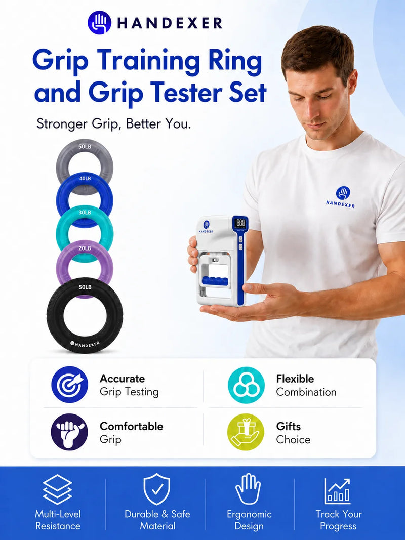 Handexer grip training ring and digital grip tester set with resistance rings for hand exercise, grip strength training, and progress tracking