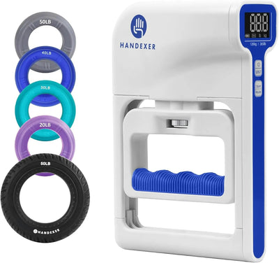 Handexer grip training set with digital hand dynamometer and complete silicone grip strengthener rings (20lb, 30lb, 40lb, 50lb) displayed on a white background, showing all included accessories.