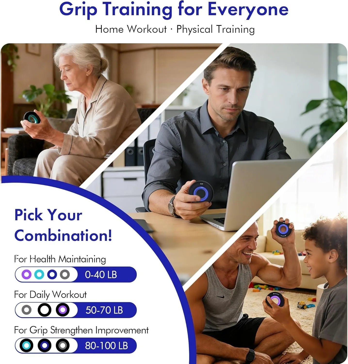 Handexer grip training set infographic showing multi-scenario use for seniors, office workers, families, and fitness users, with customizable resistance combinations for health maintenance, daily workouts, and grip improvement.