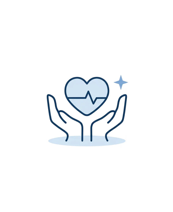 Hands holding a heart with heartbeat line icon representing health care, wellness support, and patient-centered monitoring