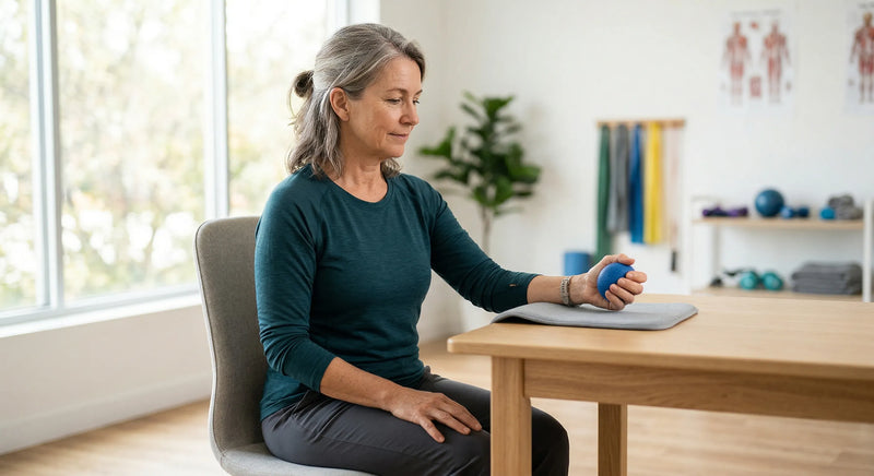 Older woman doing hand exercise with a therapy ball at a table, showing home rehabilitation and grip strength training
