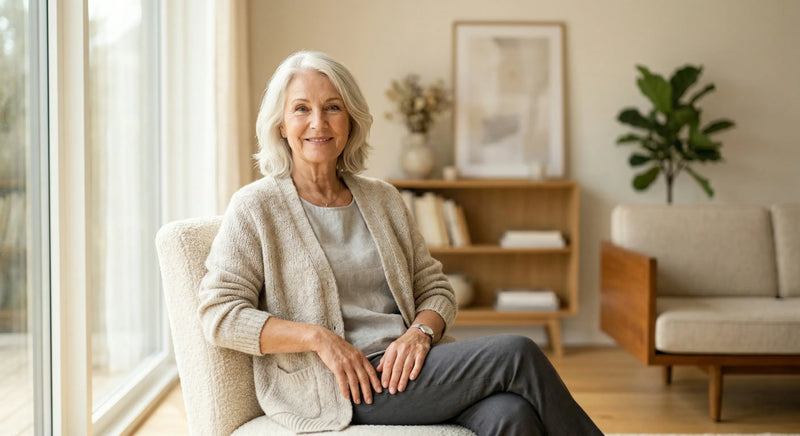 Smiling older woman sitting comfortably at home, representing senior wellness, healthy aging, and everyday lifestyle