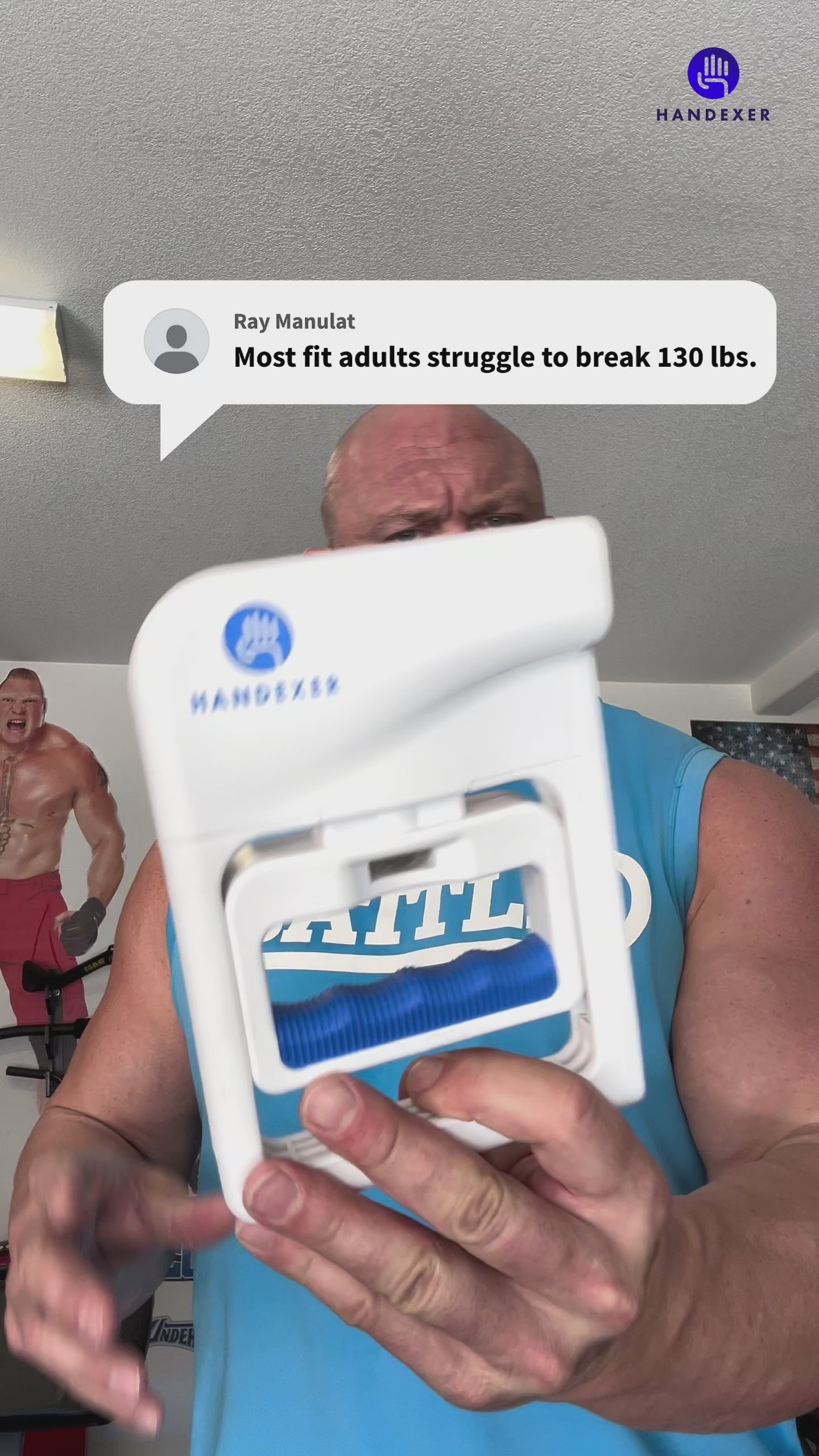 Load video: Muscular man holding a Handexer digital hand dynamometer during a 130 lbs grip strength challenge