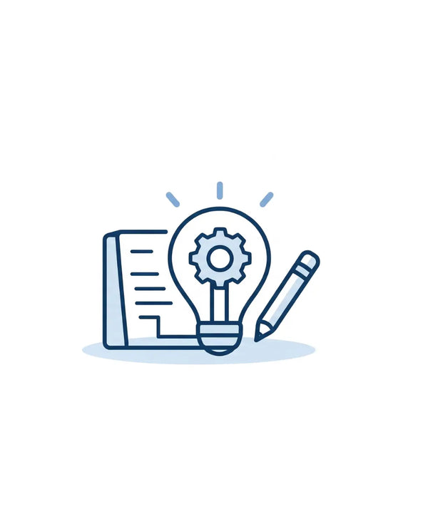 Blueprint, light bulb, gear, and pencil icon representing product design, innovation, and practical development