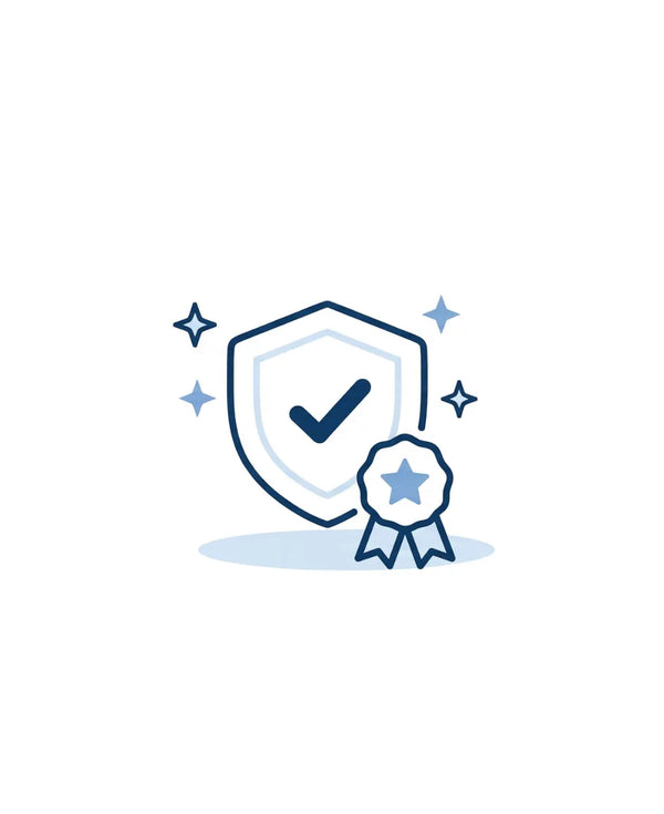 Shield with check mark and award badge icon representing trust, quality standards, and brand credibility